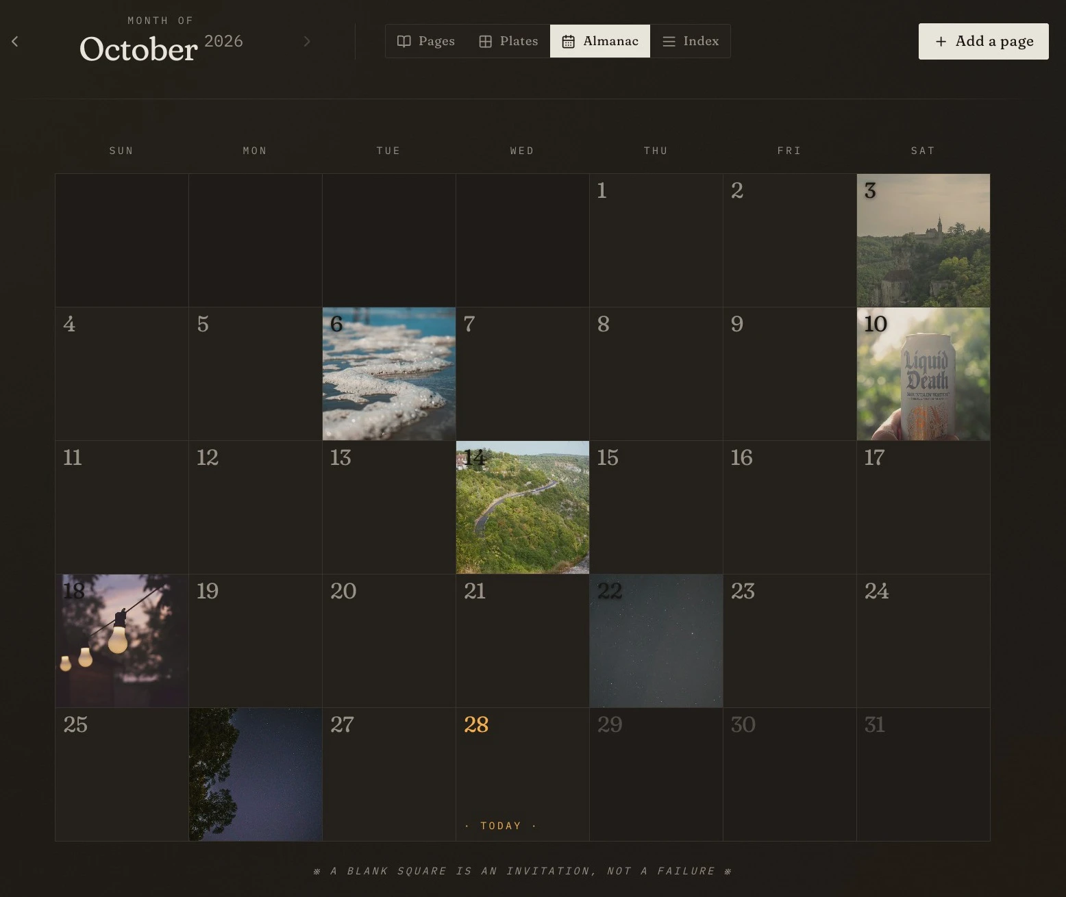Daybook's Almanac view: an October calendar with a photo filling each day a page was kept