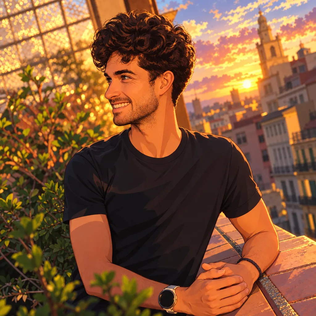 AI-generated illustration of Colin smiling on a rooftop at golden hour, with the city behind him